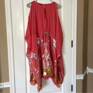 NWT Badgley Mischka‎ Hibiscus Coral Mettalic Floral Poncho Caftan Dress Size: S
